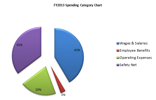 FY2013 Spending Category Chart:Wages & Salaries=42%, Employee Benefits=3%, Operating Expenses=20%, Safety Net=35%