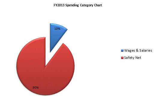 FY2013 Spending Category Chart:Wages & Salaries=10%, Safety Net=90%