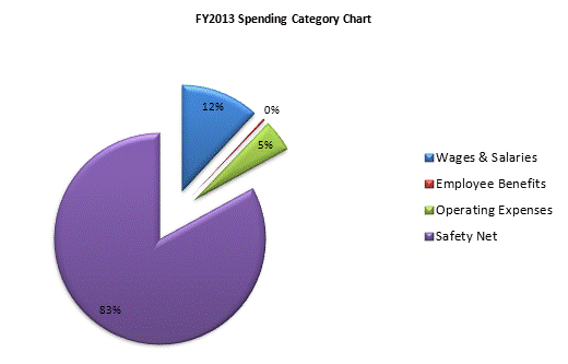 FY2013 Spending Category Chart:Wages & Salaries=12%, Employee Benefits=0%, Operating Expenses=5%, Safety Net=83%