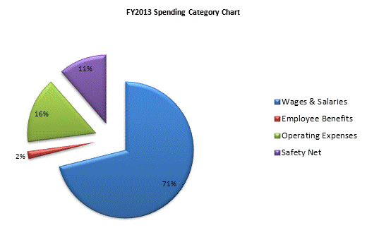 FY2013 Spending Category Chart:Wages & Salaries=71%, Employee Benefits=2%, Operating Expenses=16%, Safety Net=11%