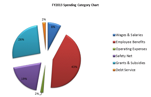 FY2013 Spending Category Chart:Wages & Salaries=8%, Employee Benefits=43%, Operating Expenses=2%, Safety Net=19%, Grants & Subsidies=26%, Debt Service=2%