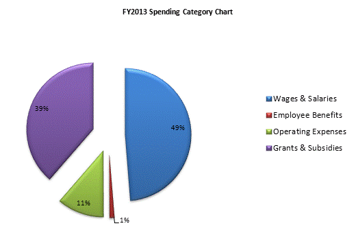 FY2013 Spending Category Chart:Wages & Salaries=49%, Employee Benefits=1%, Operating Expenses=11%, Grants & Subsidies=39%