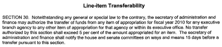 This excerpt displays an example of an outside section.  The budget document displays the titles of each outside section, their section numbers as listed in the bill and their short written descriptions.  In this examle, Section 30, Line Item Transferability, is displayed along with its short descriptor.  In general, this outside section is asking the Legislature to approve limited transferability authority between line items with the same executive office, after 15 day's notice to the Legislature.    