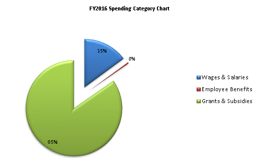 FY2016 Spending Category Chart:Wages & Salaries=15%, Employee Benefits=0%, Grants & Subsidies=85%