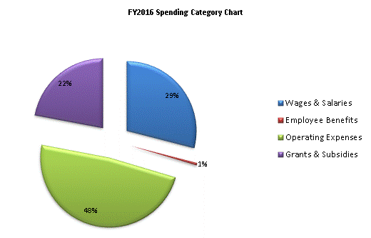 FY2016 Spending Category Chart:Wages & Salaries=29%, Employee Benefits=1%, Operating Expenses=48%, Grants & Subsidies=22%