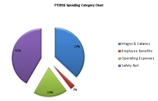 FY2016 Spending Category Chart:Wages & Salaries=37%, Employee Benefits=3%, Operating Expenses=19%, Safety Net=41%