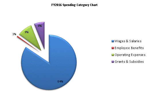 FY2016 Spending Category Chart:Wages & Salaries=84%, Employee Benefits=1%, Operating Expenses=9%, Grants & Subsidies=6%