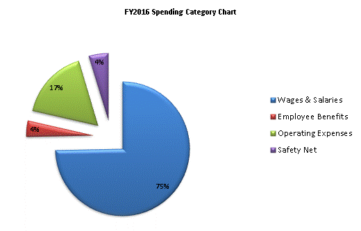 FY2016 Spending Category Chart:Wages & Salaries=74%, Employee Benefits=4%, Operating Expenses=17%, Safety Net=5%