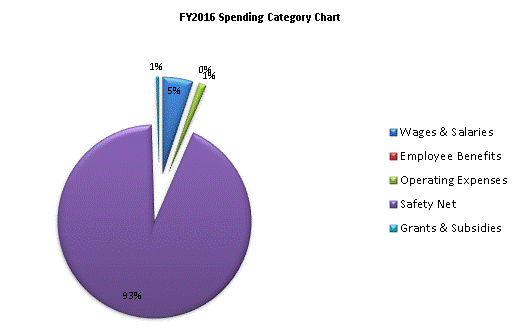 FY2016 Spending Category Chart:Wages & Salaries=5%, Employee Benefits=0%, Operating Expenses=1%, Safety Net=94%, Grants & Subsidies=0%