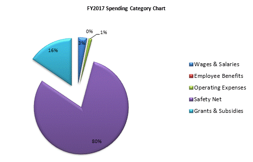 FY2017 Spending Category Chart:Wages & Salaries=3%, Employee Benefits=0%, Operating Expenses=1%, Safety Net=80%, Grants & Subsidies=16%