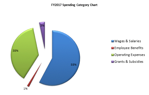 FY2017 Spending Category Chart:Wages & Salaries=58%, Employee Benefits=1%, Operating Expenses=38%, Grants & Subsidies=3%