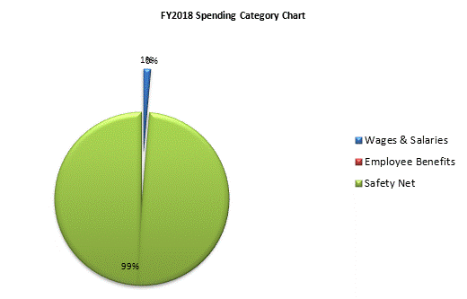 FY2018 Spending Category Chart:Wages & Salaries=1%, Employee Benefits=0%, Safety Net=99%