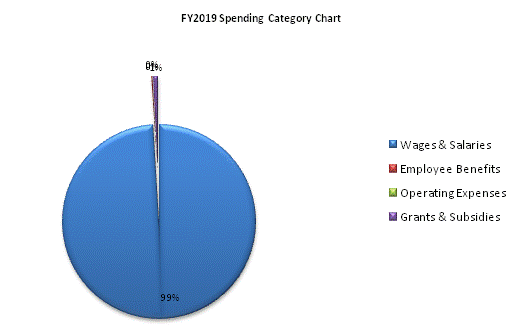 FY2019 Spending Category Chart:Wages & Salaries=99%, Employee Benefits=0%, Operating Expenses=0%, Grants & Subsidies=1%