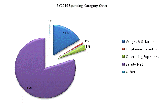 FY2019 Spending Category Chart:Wages & Salaries=16%, Employee Benefits=1%, Operating Expenses=3%, Safety Net=80%, Other=0%