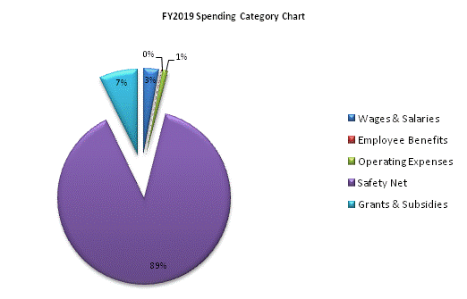 FY2019 Spending Category Chart:Wages & Salaries=3%, Employee Benefits=0%, Operating Expenses=1%, Safety Net=89%, Grants & Subsidies=7%