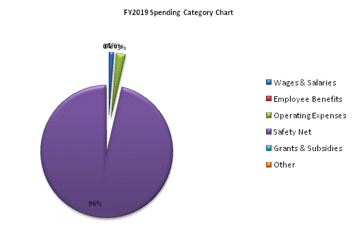 FY2019 Spending Category Chart:Wages & Salaries=1%, Employee Benefits=0%, Operating Expenses=2%, Safety Net=97%, Grants & Subsidies=0%, Other=0%