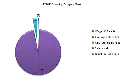 FY2019 Spending Category Chart:Wages & Salaries=1%, Employee Benefits=0%, Operating Expenses=0%, Safety Net=96%, Grants & Subsidies=3%