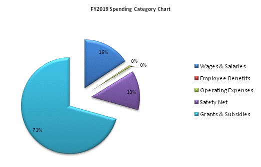 FY2019 Spending Category Chart:Wages & Salaries=16%, Employee Benefits=0%, Operating Expenses=0%, Safety Net=13%, Grants & Subsidies=71%