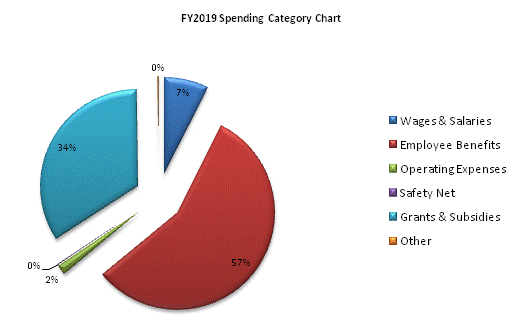 FY2019 Spending Category Chart:Wages & Salaries=7%, Employee Benefits=57%, Operating Expenses=2%, Safety Net=0%, Grants & Subsidies=34%, Other=0%