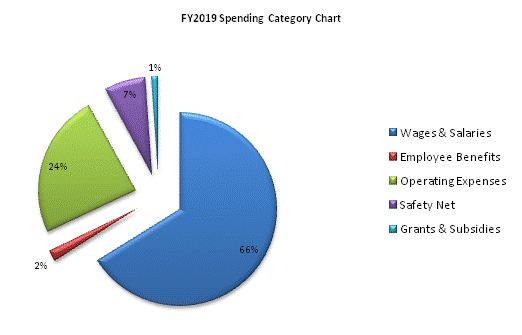 FY2019 Spending Category Chart:Wages & Salaries=66%, Employee Benefits=2%, Operating Expenses=24%, Safety Net=7%, Grants & Subsidies=1%